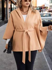 SHEIN LUNE 大碼斗篷袖連帽腰帶斗篷外套 - 卡其色 - 查看 1