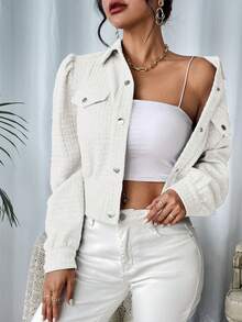 SHEIN Privé 翻蓋細節泡泡袖短夾克 - 白色 - 查看 4