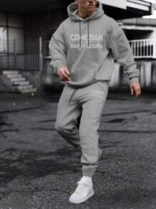 Manfinity Homme 男士字母圖案抽繩連帽衫和運動褲 - 淺灰色 - 查看 1