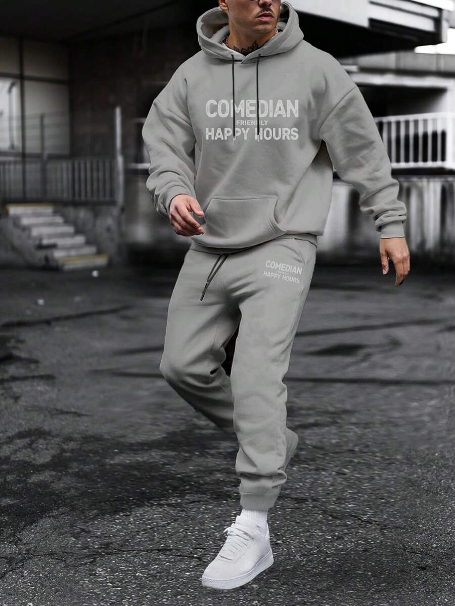 Manfinity Homme 男士字母圖案抽繩連帽衫和運動褲 - 淺灰色 - 查看 1