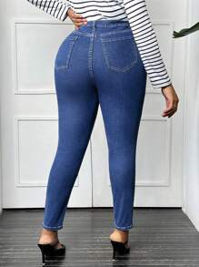 SHEIN LUNE 大碼高腰緊身牛仔褲 - 藍色 - 查看 2