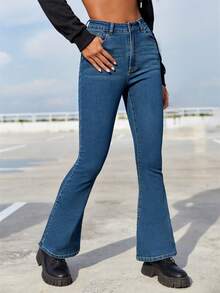 SHEIN EZwear High Waist Flare Leg Jeans - Medium Wash - View 4