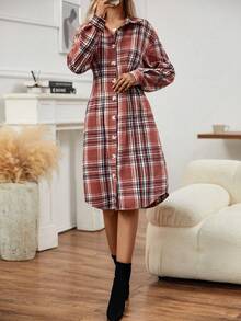 SHEIN Clasi Plaid Print Button Front Shirt Dress - Multicolor - View 3