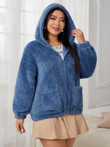 SHEIN EZwear Hơn Phim hoạt hình vá Chi tiết Túi Kép áo có mũ Áo Teddy Jackets - Màu xanh lam - Xem 4