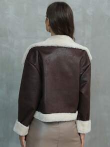 Women's Black Short Faux Fur Jacket With Teddy Lining - Coffee Brown - View 2