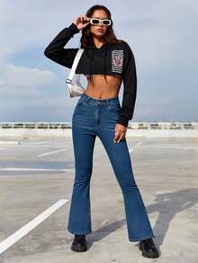 SHEIN EZwear High Waist Flare Leg Jeans - Medium Wash - View 2