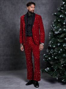 SHEIN 男士拼接青果領亮片西裝外套和褲子套裝 - 紅色 - 查看 4