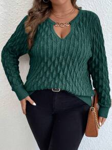 SHEIN LUNE Plus Chain Detail Keyhole Neck Sweater, Winter Knit Pullover Fall Sweater - Green - View 1