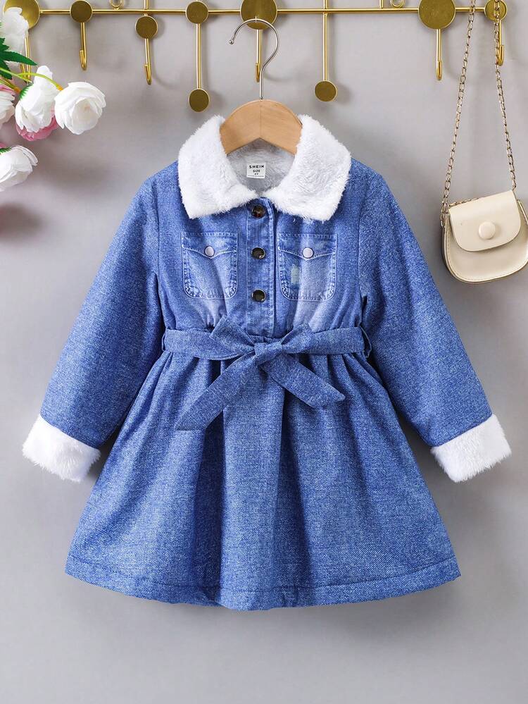 Young Girl Borg Collar Belted Dress