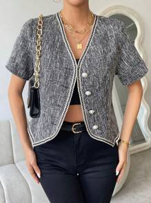 SHEIN Privé Contrast Trim Button Front Jacket - Black and White - View 3