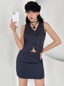 SHEINNeu con estampado de rayas Cazadora chaleco & Falda - Azul Marino - Ver 3