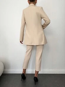 Elegant Double-Breasted Notched Lapel Long Sleeve Blazer And Straight Leg Pants Suit - Beige - View 2