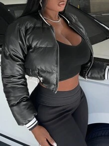 Slaydiva Áo khoác đệm da PU viền sọc - màu đen - Xem 1