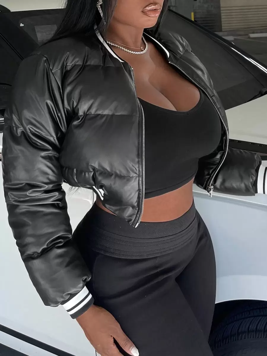 Slaydiva Áo khoác đệm da PU viền sọc - màu đen - Xem 1