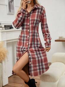 SHEIN Clasi Plaid Print Button Front Shirt Dress - Multicolor - View 5