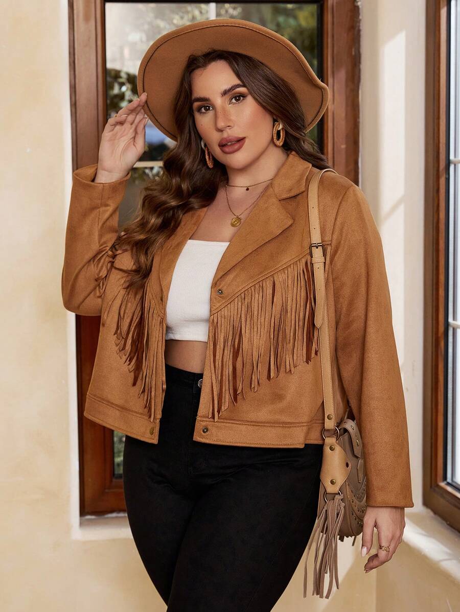 SHEIN VCAY Plus Fringe Trim Lapel Neck Suedette Jacket - Brown - View 1