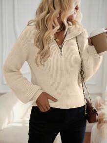 SHEIN LUNE 半拉鏈落肩袖套頭毛衣 - 米色 - 查看 3