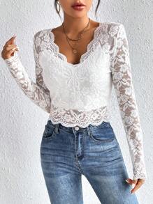 SHEIN Frenchy 貝殼邊蕾絲上衣 - 白色 - 查看 3