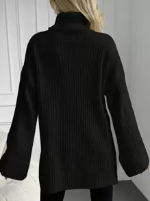 EURMUSE Turtleneck Drop Shoulder Split Hem Drop Shoulder Sweater - Black - View 2