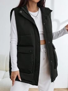 SHEIN EZwear 翻蓋口袋羽絨背心大衣 - 黑色 - 查看 4