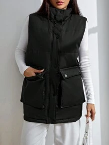 SHEIN EZwear 翻蓋口袋羽絨背心大衣 - 黑色 - 查看 6