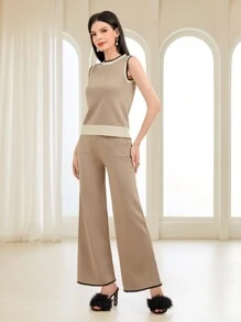 Mulvari 拼接邊開襟衫&針織上衣和針織褲 - 杏色 - 查看 5