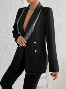 SHEIN Privé 水鑽流蘇邊青果領雙排釦西裝外套 - 黑色 - 查看 4