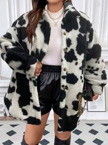 Calvaya Hơn Hình con bò Thả vai Thắt lưng Áo khoác Teddy - Đen và trắng - Xem 1