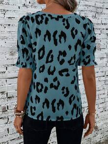 SHEIN LUNE Leopard Print Notched Neckline Puff Sleeve Blouse - Multicolor - View 2