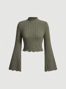 SHEIN MOD Mock Neck Lettuce Trim Trumpet Sleeve Lettuce Trim Tee - Green - View 1