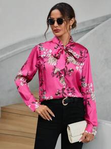 SHEIN Clasi In hoa Cà vạt Xa ten Áo sơ mi - Màu Hoa hồng đỏ - Xem 2