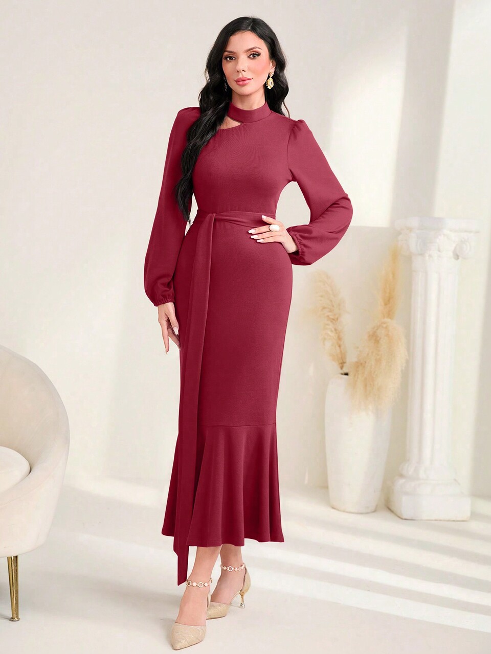 Burgundy Red Asymmetrical Neck Lantern Sleeve Mermaid Hem Belted Dress