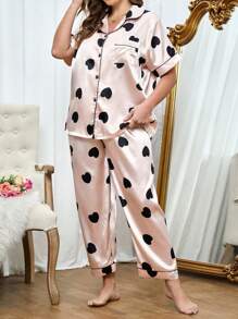Plus Heart Print Contrast Piping Satin PJ Set - Baby Pink - View 2