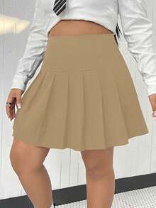 Flirla Plus High Waist Pleated Skirt - Khaki - View 4