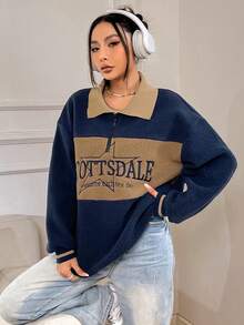 SHEIN Unity 字母刺绣撞色拼接落肩泰迪熊套头卫衣秋季卫衣 - 藏蓝色 - 查看 3