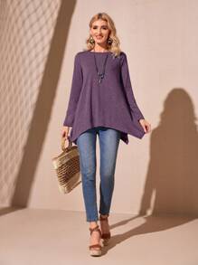 EMERY ROSE Solid Asymmetrical Hem Tee - Purple - View 1