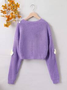 Teen Girl Stereo Flower Drop Shoulder Button Front Cardigan - Mauve Purple - View 2