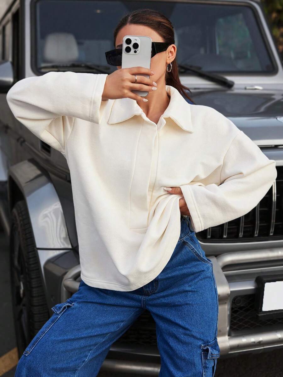 EURMUSE Solid Drop Shoulder Sweatshirt - White - View 1