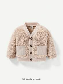 Cozy Pixies Áo khoác bông phía trước có nút kép cho bé gái - Màu be - Xem 1