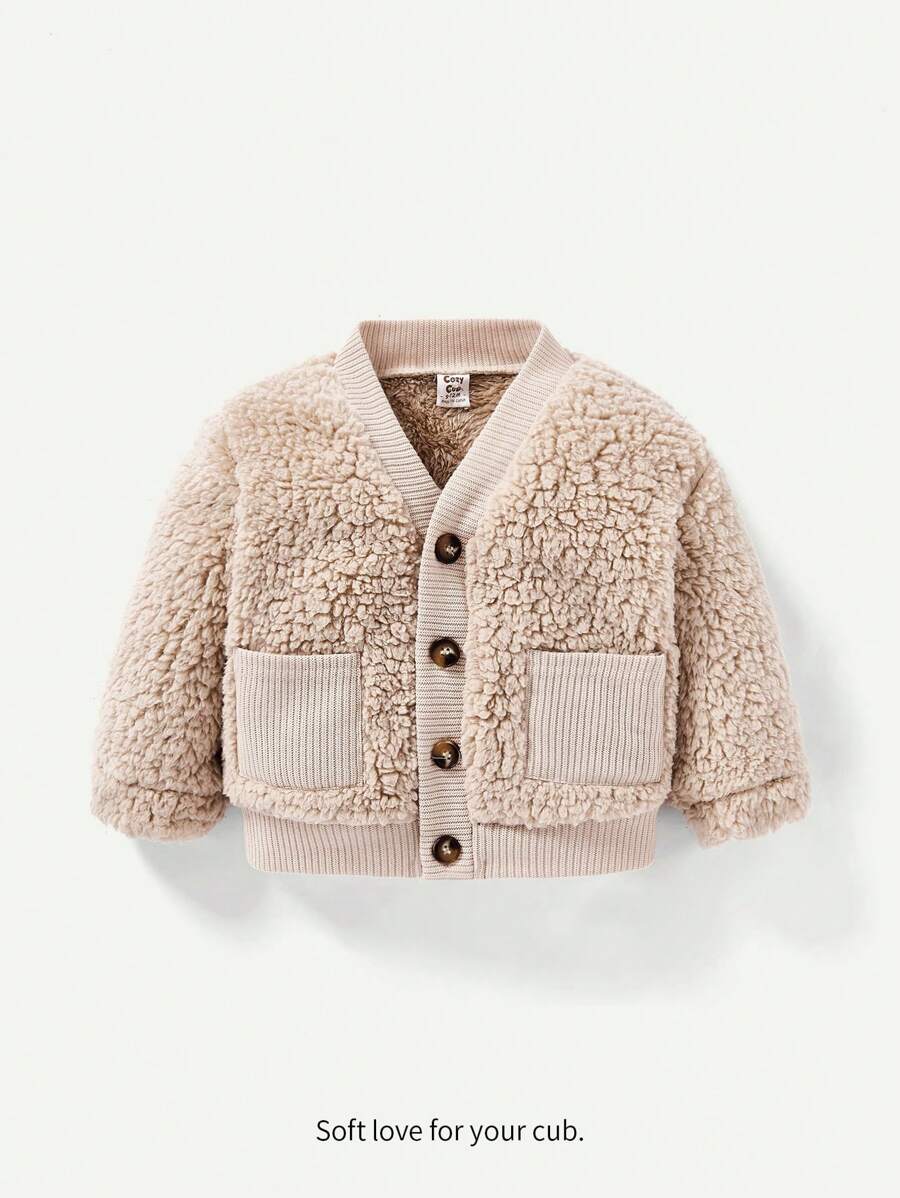 Cozy Pixies Áo khoác bông phía trước có nút kép cho bé gái - Màu be - Xem 1