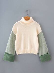 Teenager Mädchen Pullover mit Farbblock, Rollkragen, Drop Shoulder