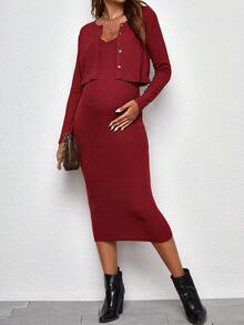 SHEIN 孕婦羅紋針織吊帶緊身洋裝帶夾克 - 酒紅色 - 查看 5