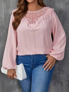 SHEIN Clasi Plus Eyelet Embroidery Contrast Lace Lantern Sleeve Tee - Pink - View 3