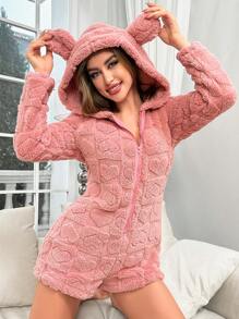 Hình trái tim Thiết kế tai 3D áo có mũ Flannel Romper - Hồng - Xem 4