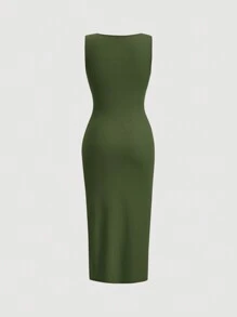 SHEIN MOD Chất rắn Xù Tách đùi Đầm - xanh quân đội - Xem 2