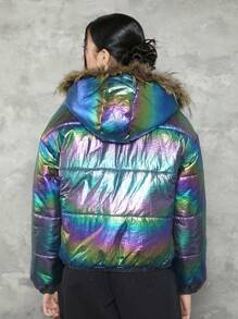 SHEIN Teen Girl Holographic Fuzzy Trim Hooded Padded Coat,In Fall/Winter - Multicolor - View 2