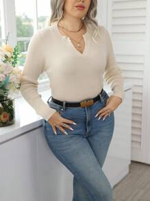 Calvaya Talla grande Jersey de cuello notch tejido de canalé