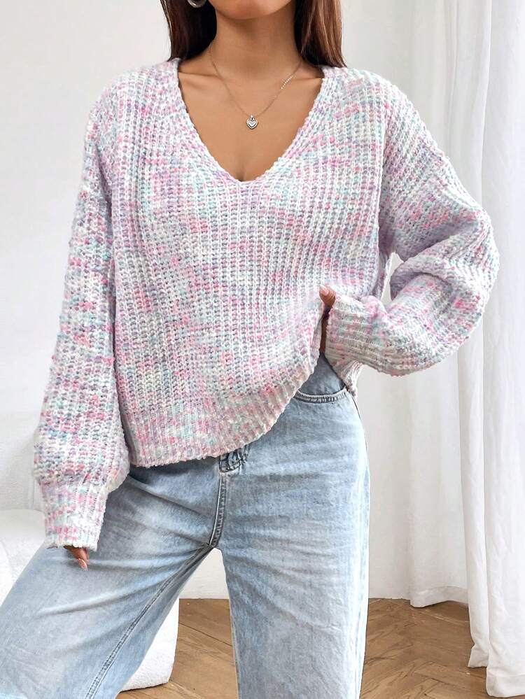 Space Dye Drop Shoulder Knit Pullover Fall Winter Sweater