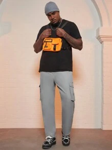 Manfinity Homme Loose Fit Men's Plus Size Cargo Pants With Flap Pockets, Side Drawstring Waist Design