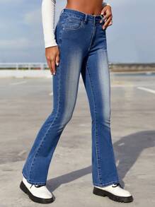 SHEIN ICON Letter Graphic Flare Leg Jeans - Medium Wash - View 3